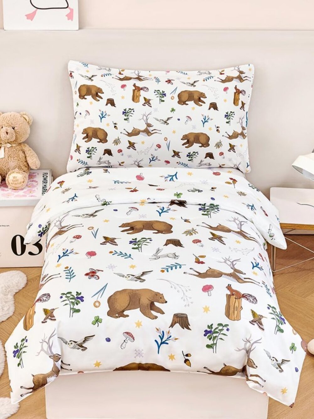 Kids Comforter Sets Twin 4 Pieces Cartoon Woodland Animal Print Bedding for Boys
